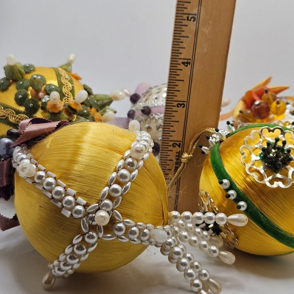 Vintage Handmade Satin Beaded Christmas Ornaments Lot of 5 Sequin Pearl Bead